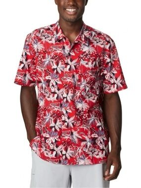 Columbia PFG Men's Short Sleeve Hawaiian Fishing Shirt Red Palm Marlin Medium
